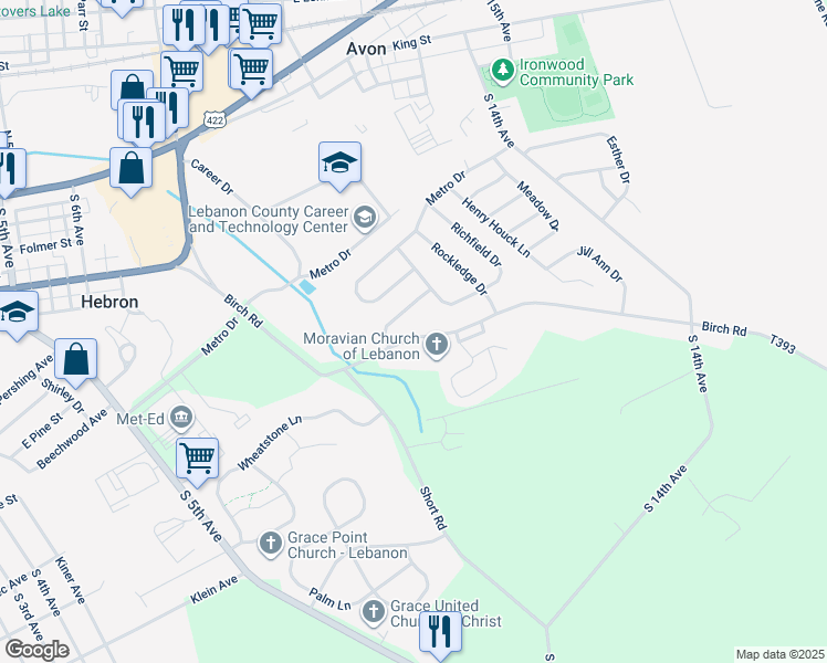 map of restaurants, bars, coffee shops, grocery stores, and more near 1110 Birch Road in Lebanon