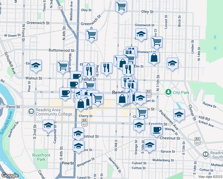 map of restaurants, bars, coffee shops, grocery stores, and more near 142 North 8th Street in Reading