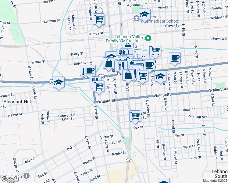 map of restaurants, bars, coffee shops, grocery stores, and more near 1001 Chestnut Street in Lebanon
