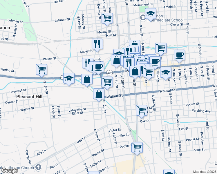 map of restaurants, bars, coffee shops, grocery stores, and more near 1132 Chestnut Street in Lebanon