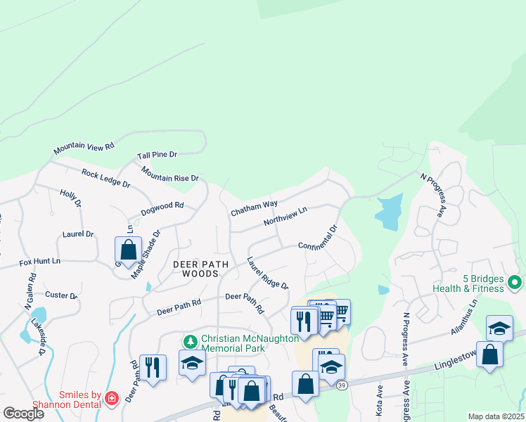 map of restaurants, bars, coffee shops, grocery stores, and more near 2121 Chatham Way in Harrisburg