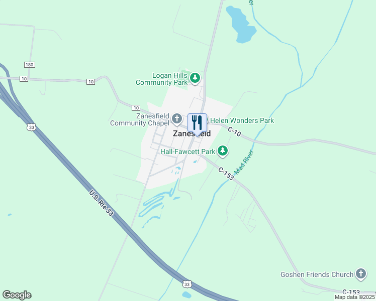 map of restaurants, bars, coffee shops, grocery stores, and more near in Zanesfield