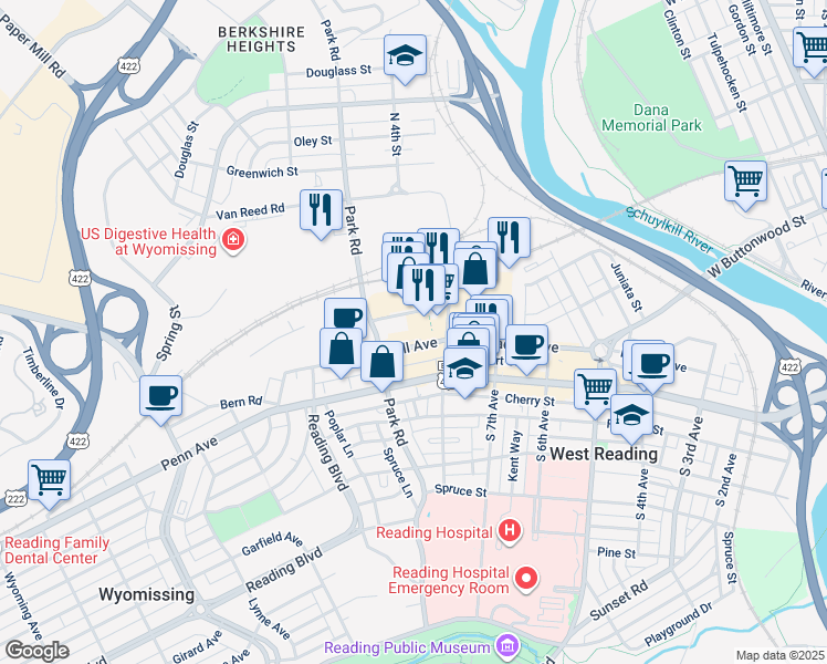map of restaurants, bars, coffee shops, grocery stores, and more near 850 Knitting Mills Way in Wyomissing