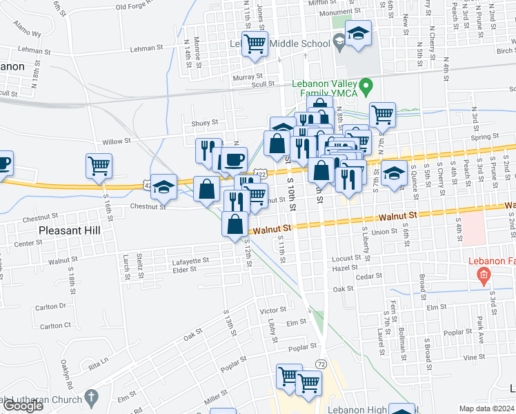 map of restaurants, bars, coffee shops, grocery stores, and more near 1132 Chestnut Street in Lebanon