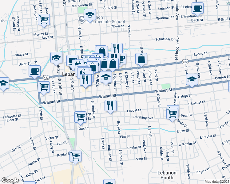 map of restaurants, bars, coffee shops, grocery stores, and more near 131 South Quince Street in Lebanon