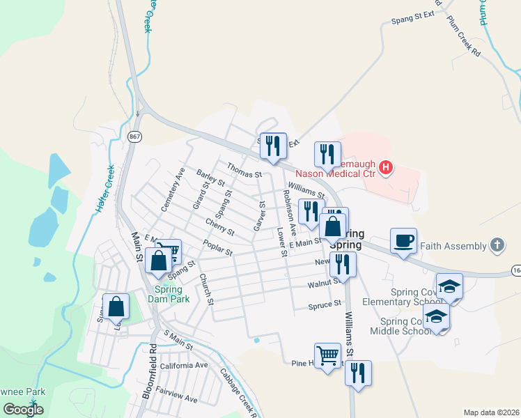 map of restaurants, bars, coffee shops, grocery stores, and more near 716 Harding Street in Roaring Spring