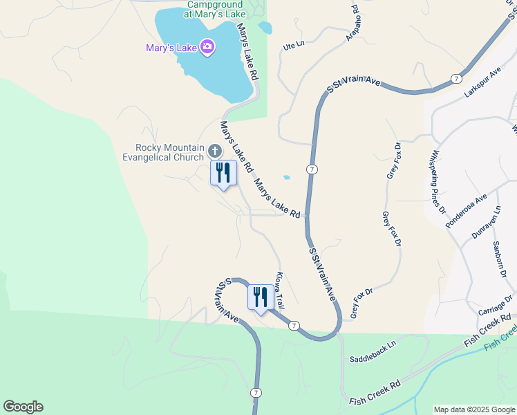 map of restaurants, bars, coffee shops, grocery stores, and more near 341 Kiowa Trail in Estes Park
