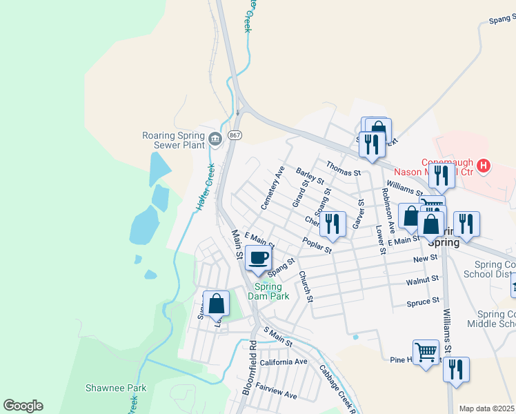 map of restaurants, bars, coffee shops, grocery stores, and more near 239 Poplar Street in Roaring Spring