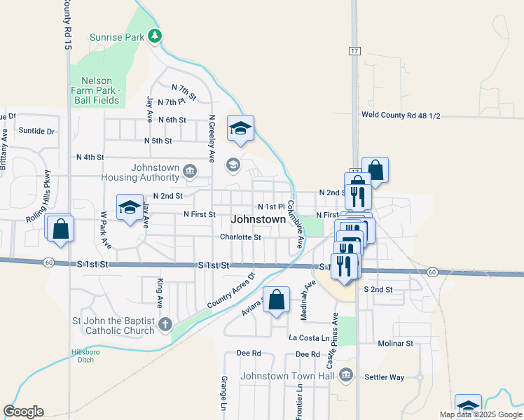 map of restaurants, bars, coffee shops, grocery stores, and more near 120 North Denver Avenue in Johnstown