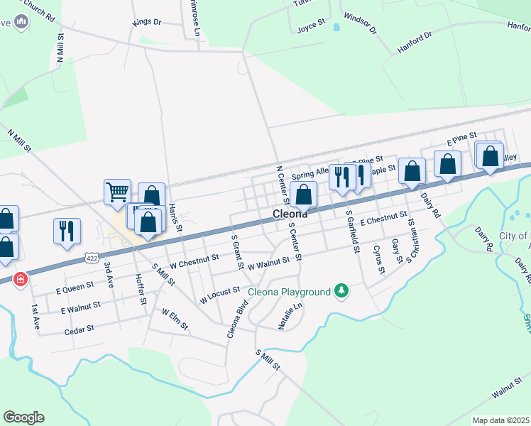 map of restaurants, bars, coffee shops, grocery stores, and more near 33 North Washington Street in Cleona