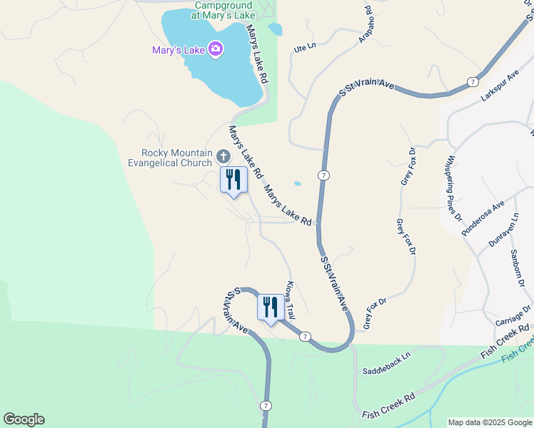 map of restaurants, bars, coffee shops, grocery stores, and more near 345 Kiowa Trail in Estes Park