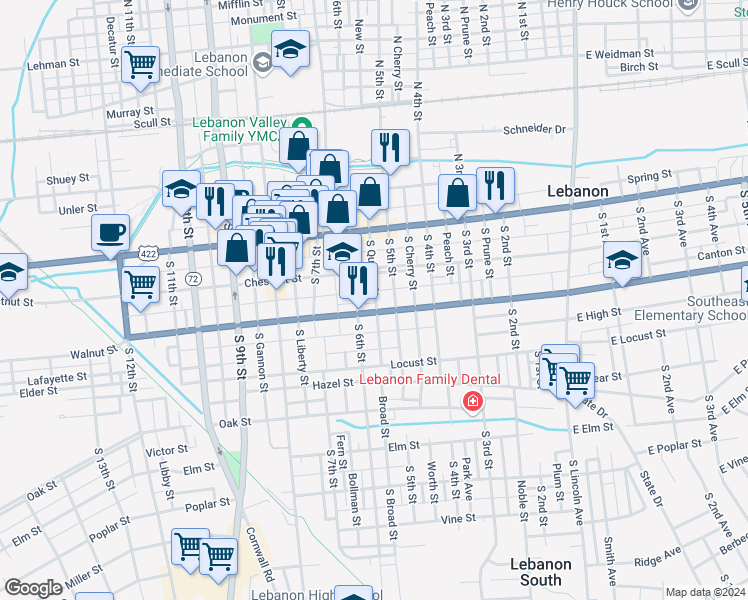 map of restaurants, bars, coffee shops, grocery stores, and more near 131 South Quince Street in Lebanon