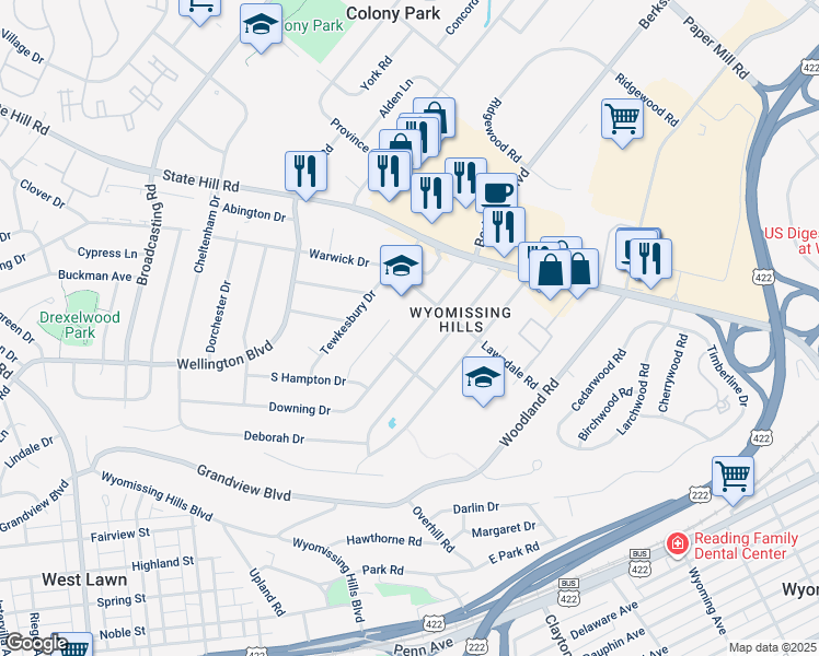 map of restaurants, bars, coffee shops, grocery stores, and more near 36 Lawndale Road in Reading
