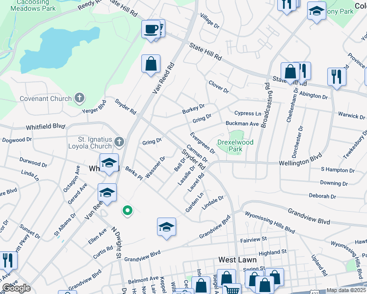 map of restaurants, bars, coffee shops, grocery stores, and more near 823 Carman Drive in Wyomissing