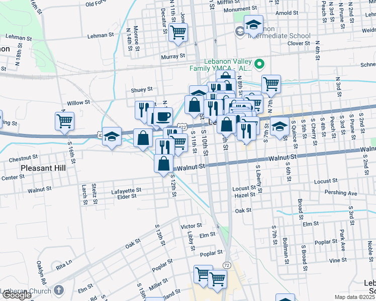 map of restaurants, bars, coffee shops, grocery stores, and more near 1110 Chestnut Street in Lebanon