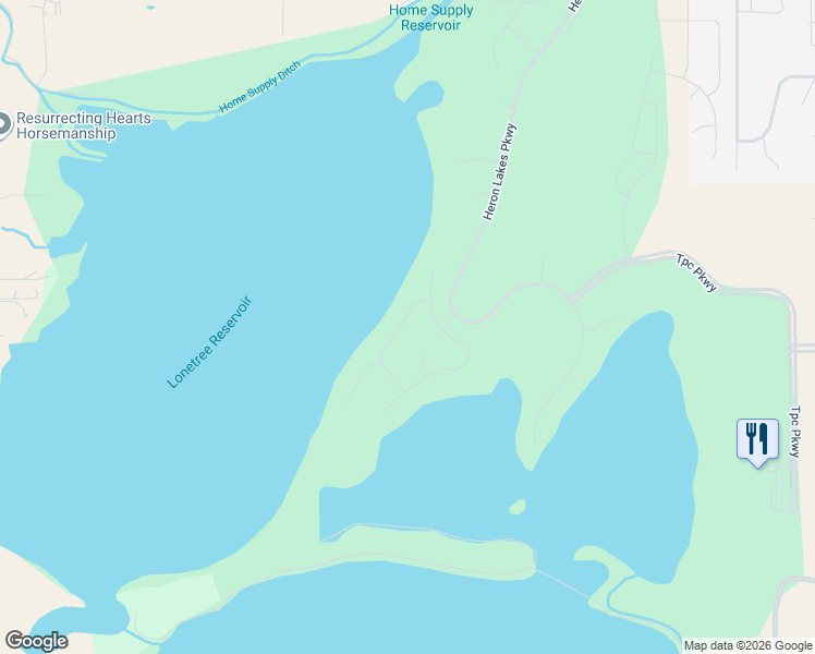 map of restaurants, bars, coffee shops, grocery stores, and more near 2786 Heron Lakes Parkway in Berthoud