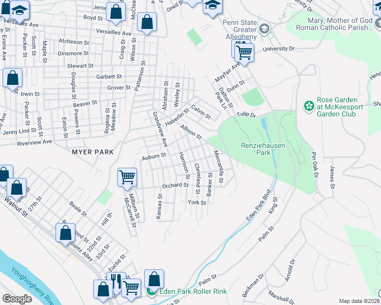 map of restaurants, bars, coffee shops, grocery stores, and more near 3715 Woodland Street in McKeesport