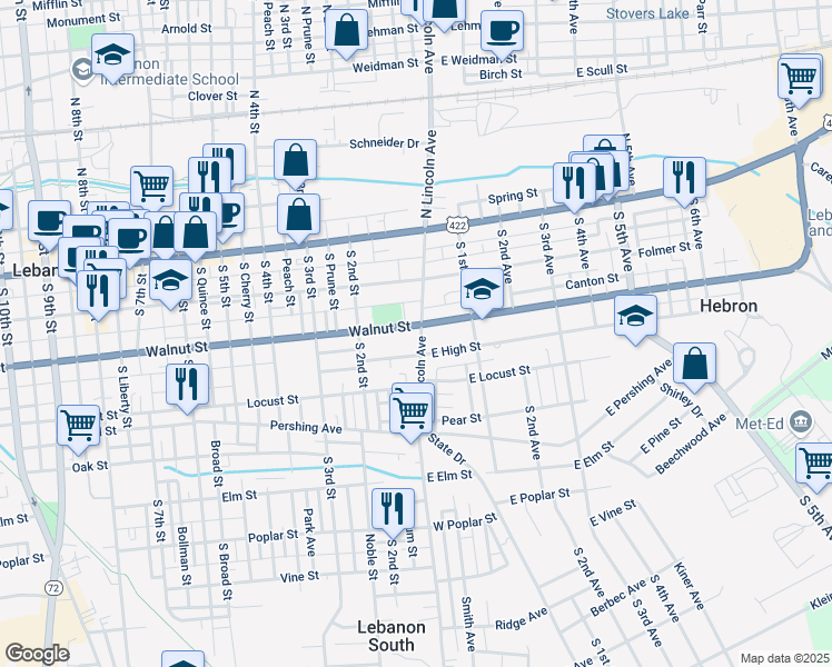 map of restaurants, bars, coffee shops, grocery stores, and more near 10 Walnut Street in Lebanon