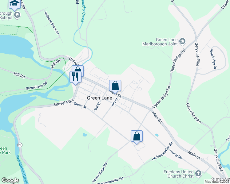 map of restaurants, bars, coffee shops, grocery stores, and more near 323 Main Street in Green Lane
