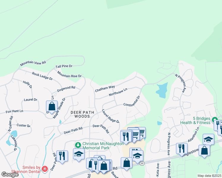 map of restaurants, bars, coffee shops, grocery stores, and more near 2125 Chatham Way in Harrisburg