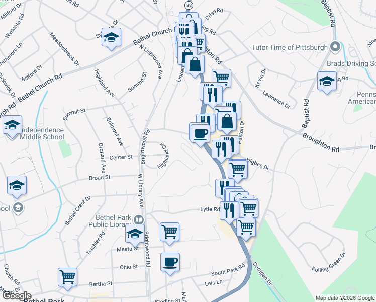 map of restaurants, bars, coffee shops, grocery stores, and more near 5100 Library Road in Bethel Park