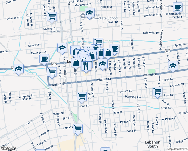 map of restaurants, bars, coffee shops, grocery stores, and more near 125 South 7th Street in Lebanon