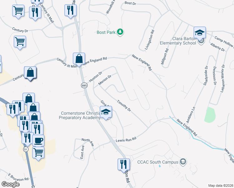 map of restaurants, bars, coffee shops, grocery stores, and more near 1032 Kentucky Blue Drive in West Mifflin