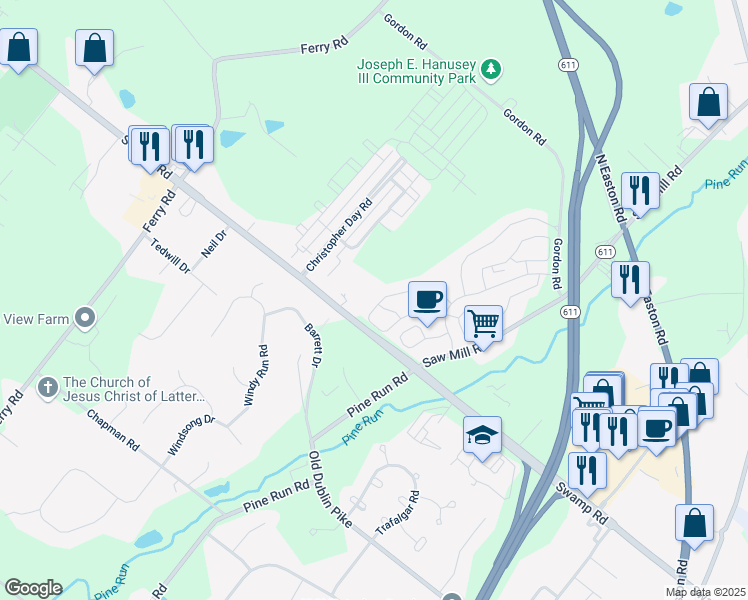 map of restaurants, bars, coffee shops, grocery stores, and more near 4578 Louise Saint Claire Drive in Doylestown