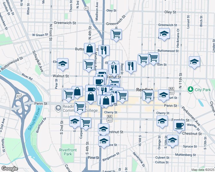 map of restaurants, bars, coffee shops, grocery stores, and more near 147 North 5th Street in Reading