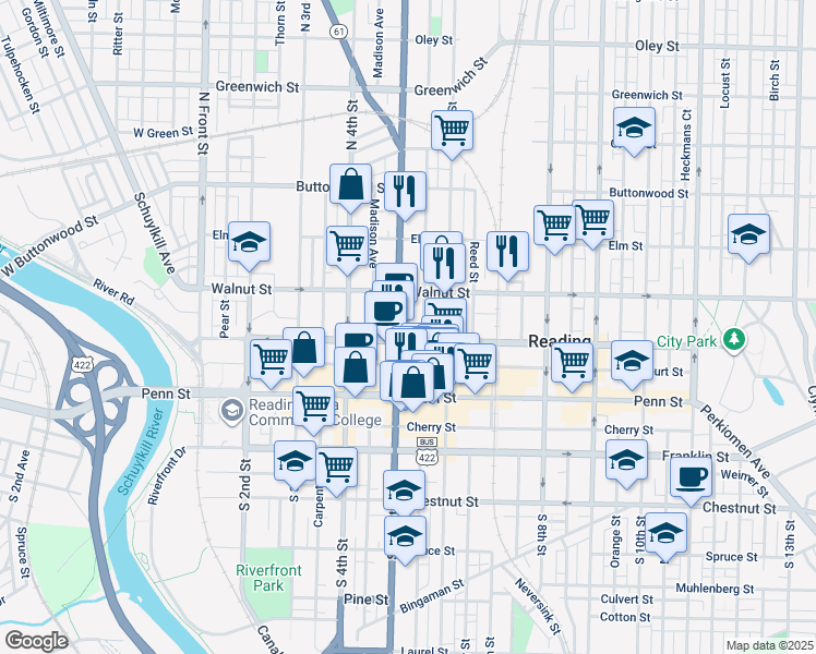 map of restaurants, bars, coffee shops, grocery stores, and more near 147 North 5th Street in Reading