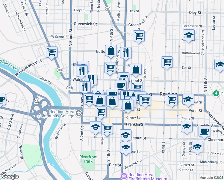 map of restaurants, bars, coffee shops, grocery stores, and more near 138 North 4th Street in Reading