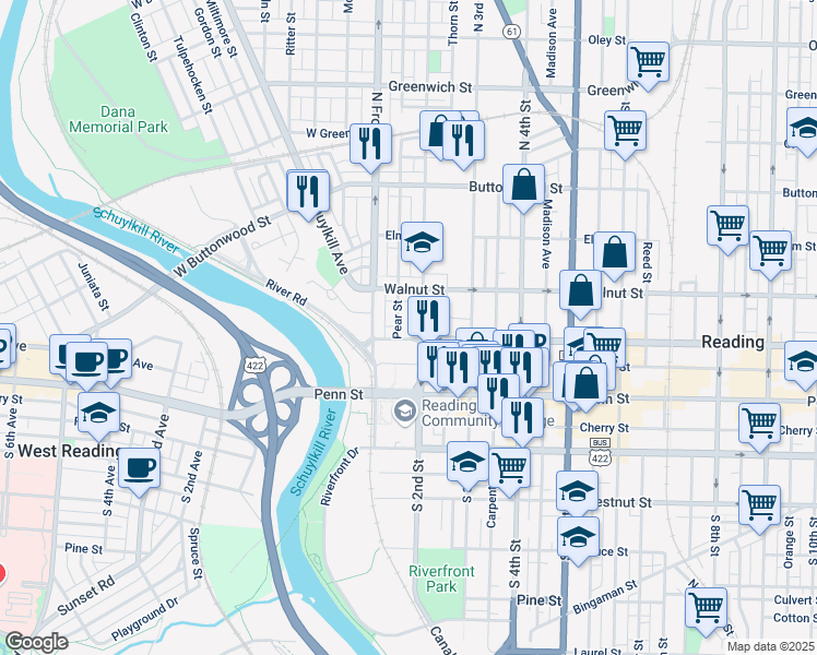 map of restaurants, bars, coffee shops, grocery stores, and more near 147 Pear Street in Reading