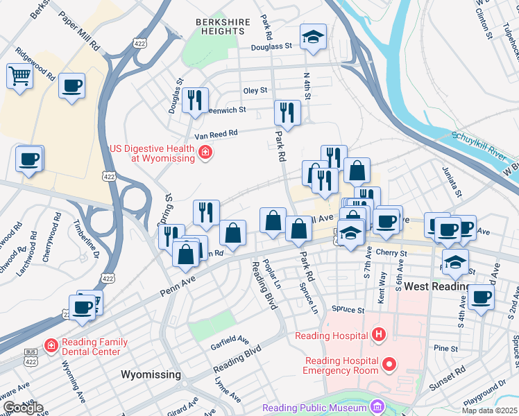 map of restaurants, bars, coffee shops, grocery stores, and more near 200 Park Road in Wyomissing