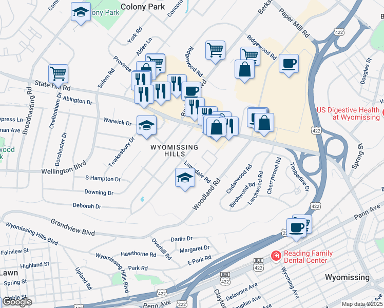 map of restaurants, bars, coffee shops, grocery stores, and more near 8 Valley Road in Reading