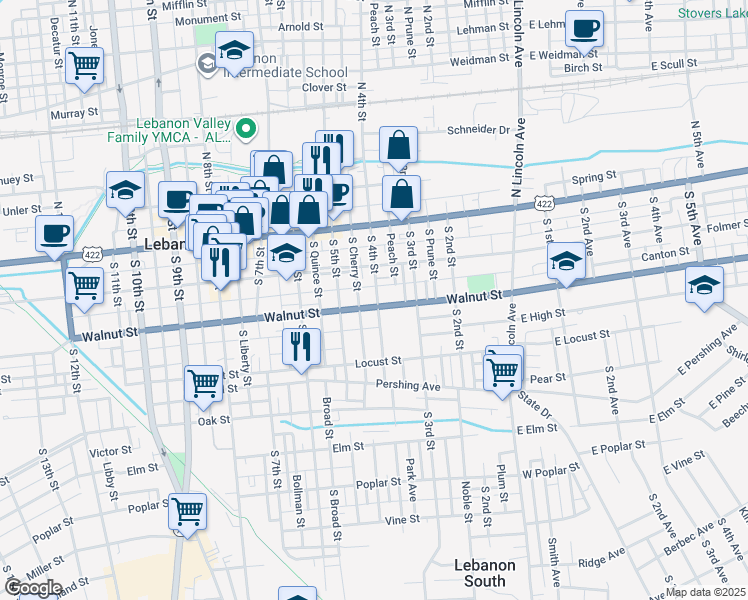 map of restaurants, bars, coffee shops, grocery stores, and more near 116 South 4th Street in Lebanon