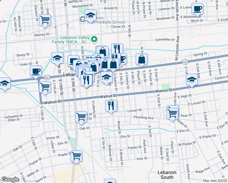 map of restaurants, bars, coffee shops, grocery stores, and more near 112 South 6th Street in Lebanon