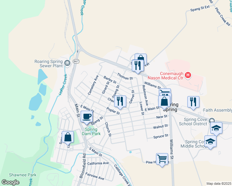 map of restaurants, bars, coffee shops, grocery stores, and more near 411 Maple Street in Roaring Spring