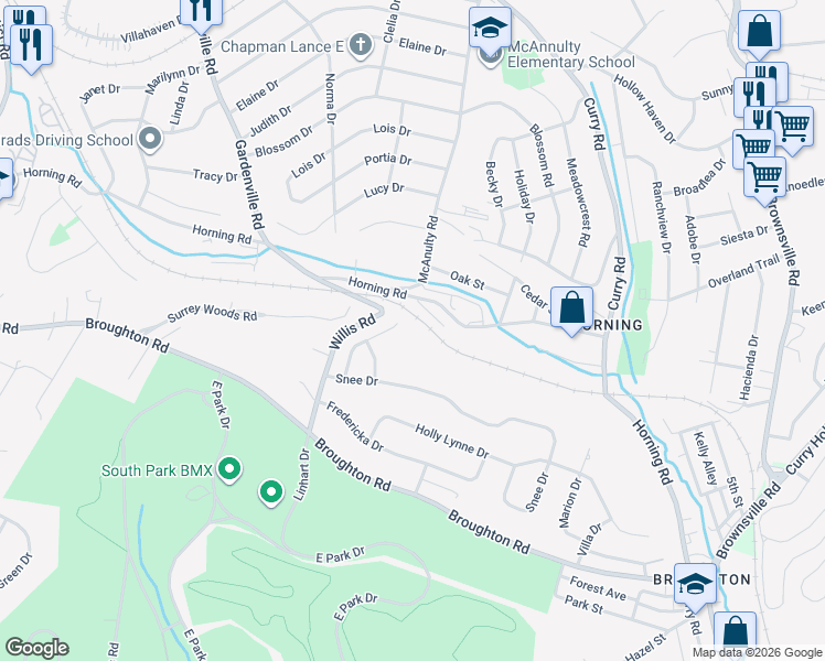 map of restaurants, bars, coffee shops, grocery stores, and more near 1047 Brookfield Drive in Bethel Park