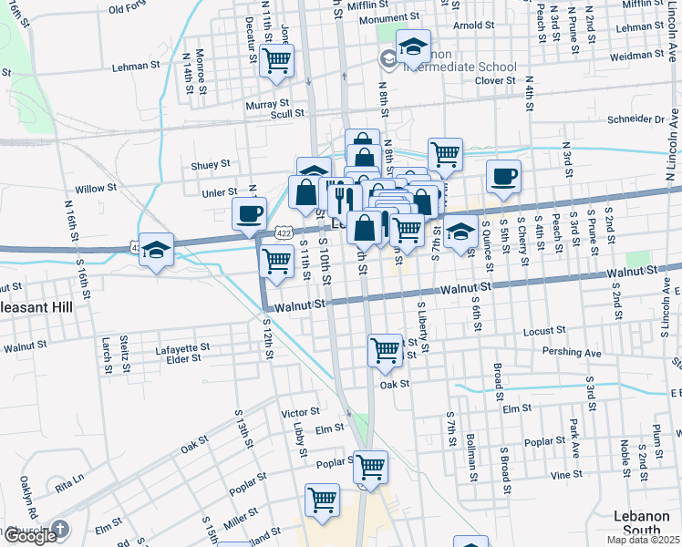 map of restaurants, bars, coffee shops, grocery stores, and more near 920 Chestnut Street in Lebanon