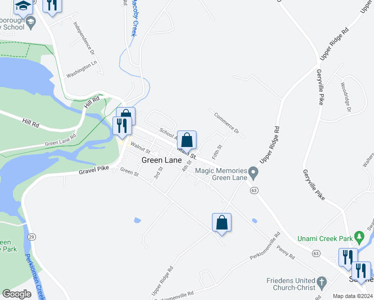 map of restaurants, bars, coffee shops, grocery stores, and more near 323 Main Street in Green Lane
