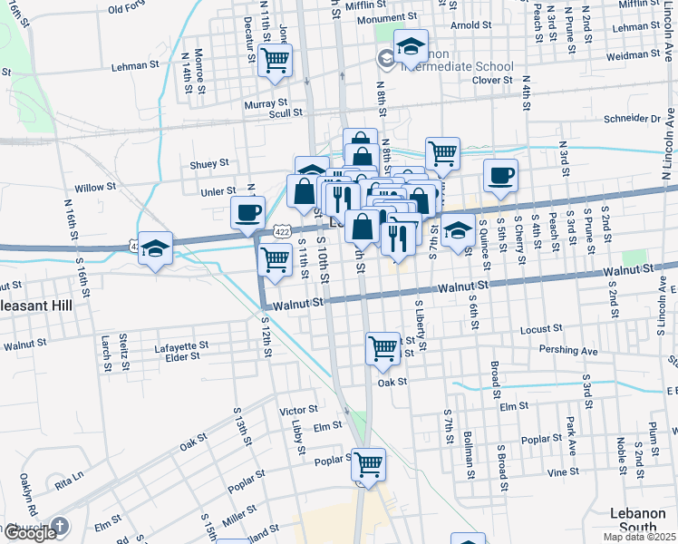 map of restaurants, bars, coffee shops, grocery stores, and more near 920 Chestnut Street in Lebanon