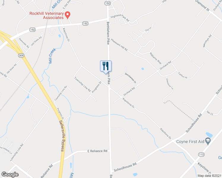 map of restaurants, bars, coffee shops, grocery stores, and more near 514 Keystone Drive in Sellersville