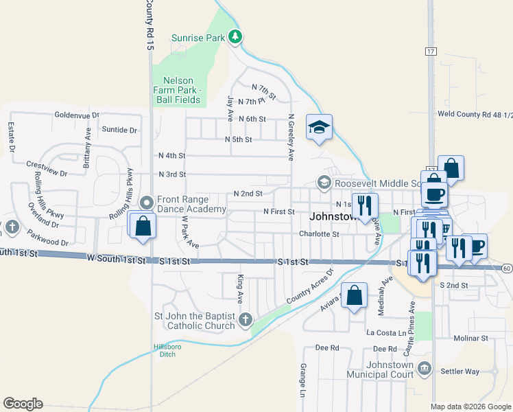 map of restaurants, bars, coffee shops, grocery stores, and more near 1001 North 2nd Street in Johnstown