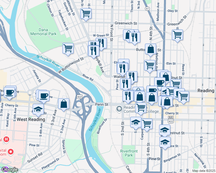 map of restaurants, bars, coffee shops, grocery stores, and more near 100 North Front Street in Reading