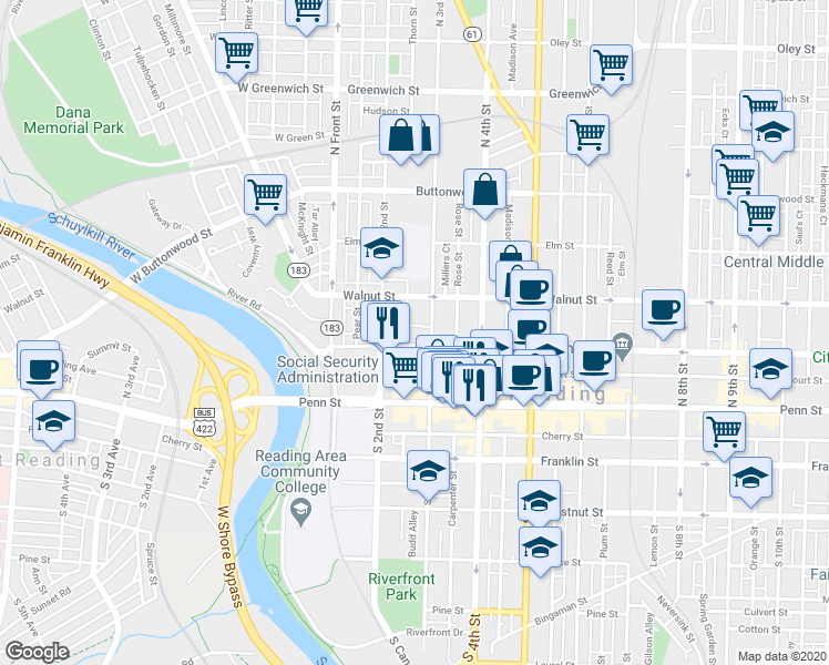 map of restaurants, bars, coffee shops, grocery stores, and more near 201 Washington Street in Reading