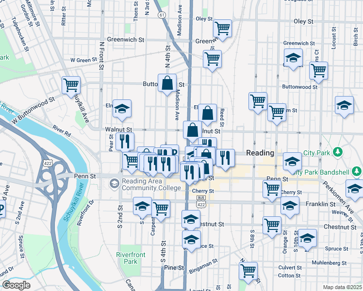 map of restaurants, bars, coffee shops, grocery stores, and more near 112 North 5th Street in Reading