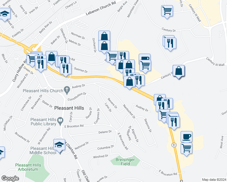 map of restaurants, bars, coffee shops, grocery stores, and more near 247 Nantucket Drive in Pittsburgh