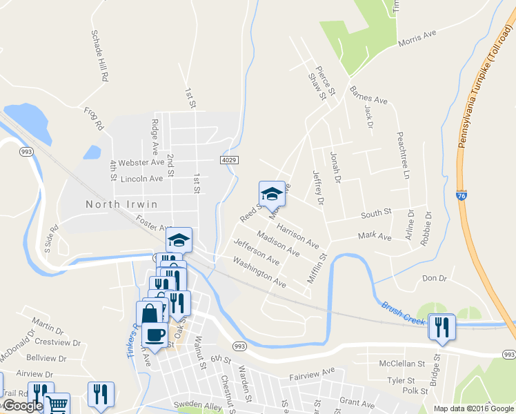 map of restaurants, bars, coffee shops, grocery stores, and more near 1200 Reed Street in Irwin