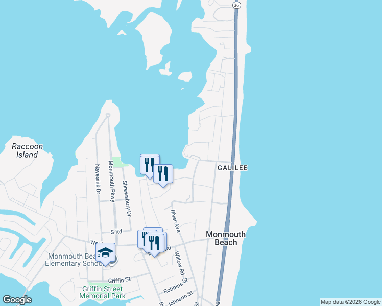 map of restaurants, bars, coffee shops, grocery stores, and more near 128 Wharfside Drive in Monmouth Beach
