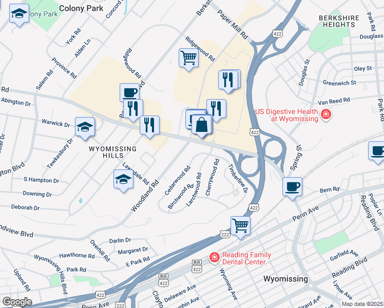 map of restaurants, bars, coffee shops, grocery stores, and more near 9 Cedarwood Road in Wyomissing